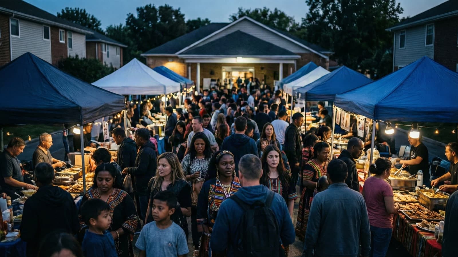 A busy community food fair in a diverse neighbourhood at dusk, with families from many backgrounds under string lights