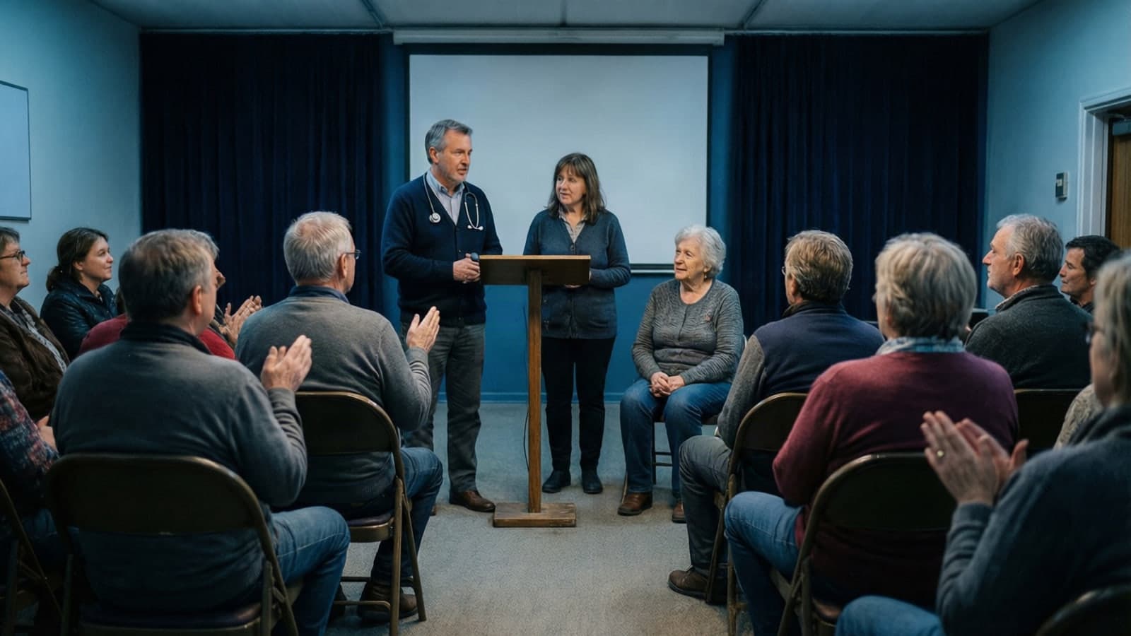 A local doctor and a neighbour speaking to residents at an evening town hall meeting