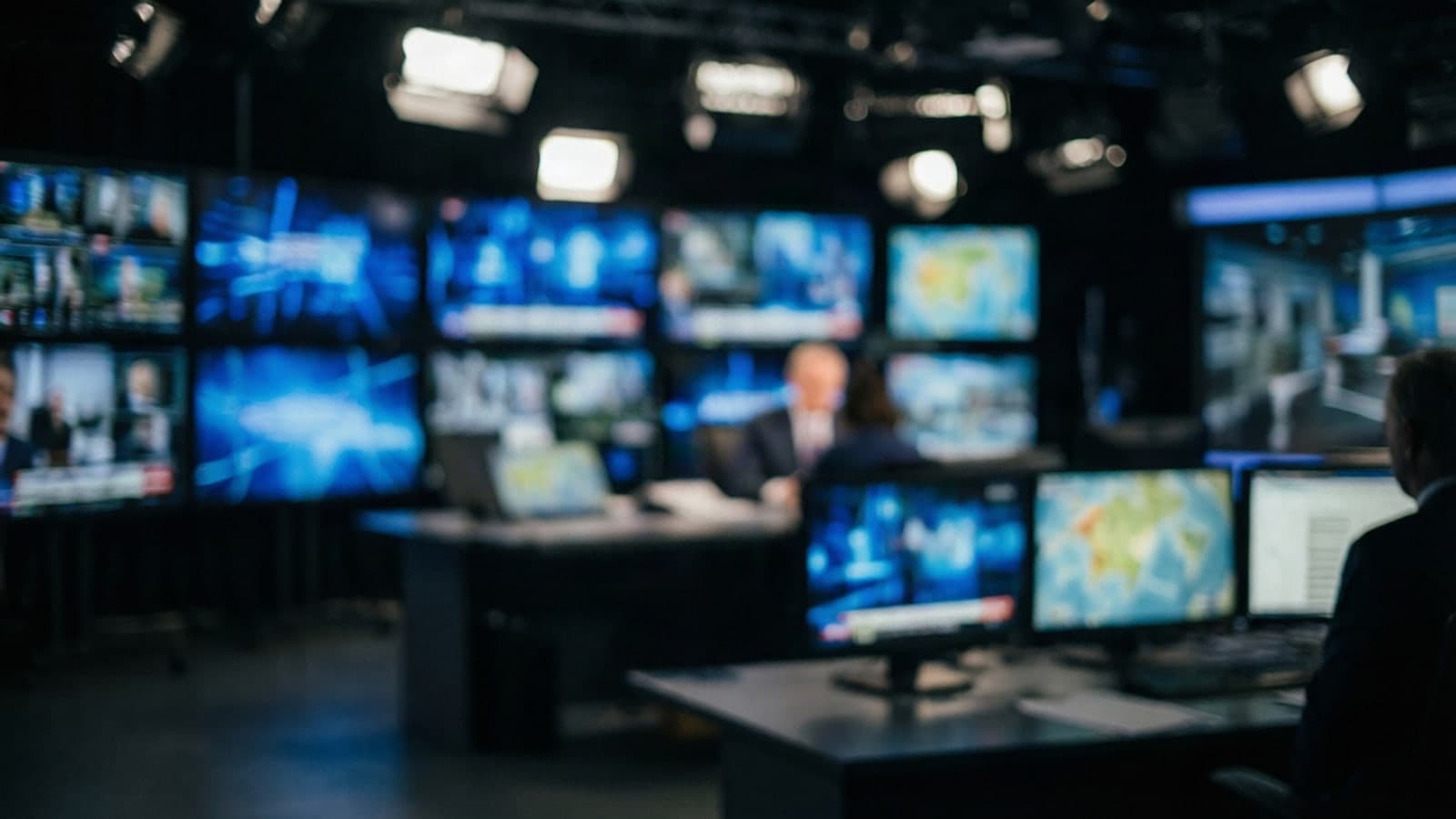 An out-of-focus newsroom at night with monitors showing broadcast feeds