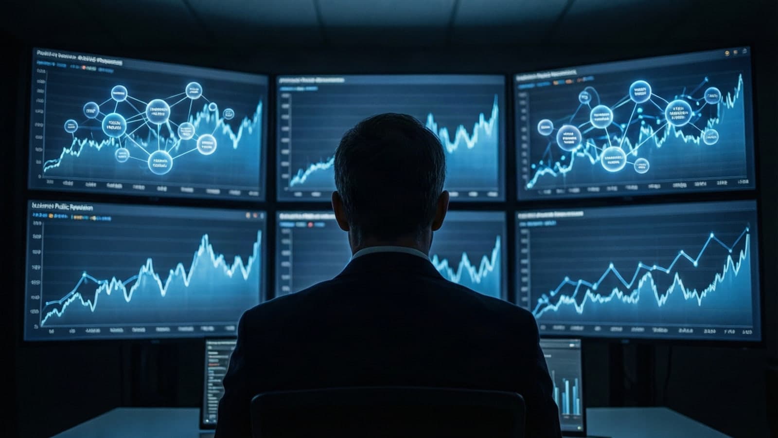 An analyst in a dark room looking at large screens of opinion trend lines and topic clusters