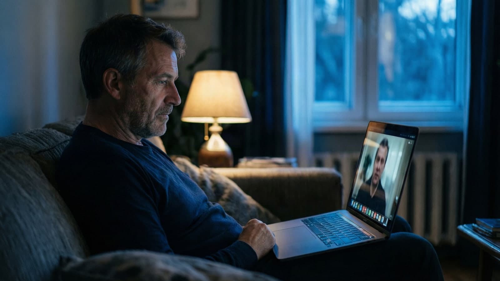 A man at home in the evening watching a personal video message on his laptop by the light of a lamp