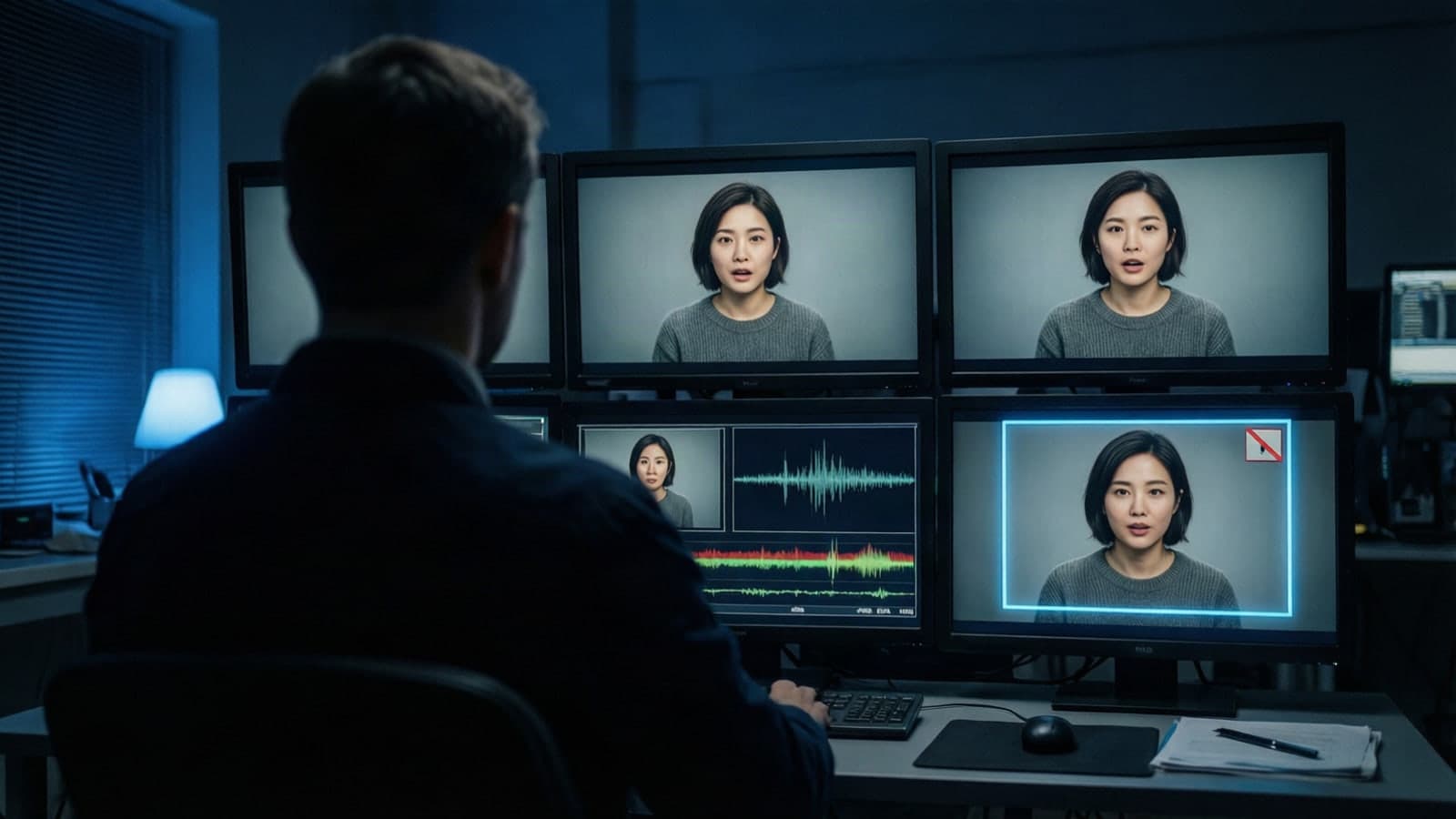 A technician facing a wall of monitors showing the same video frame repeated, with one frame flagged