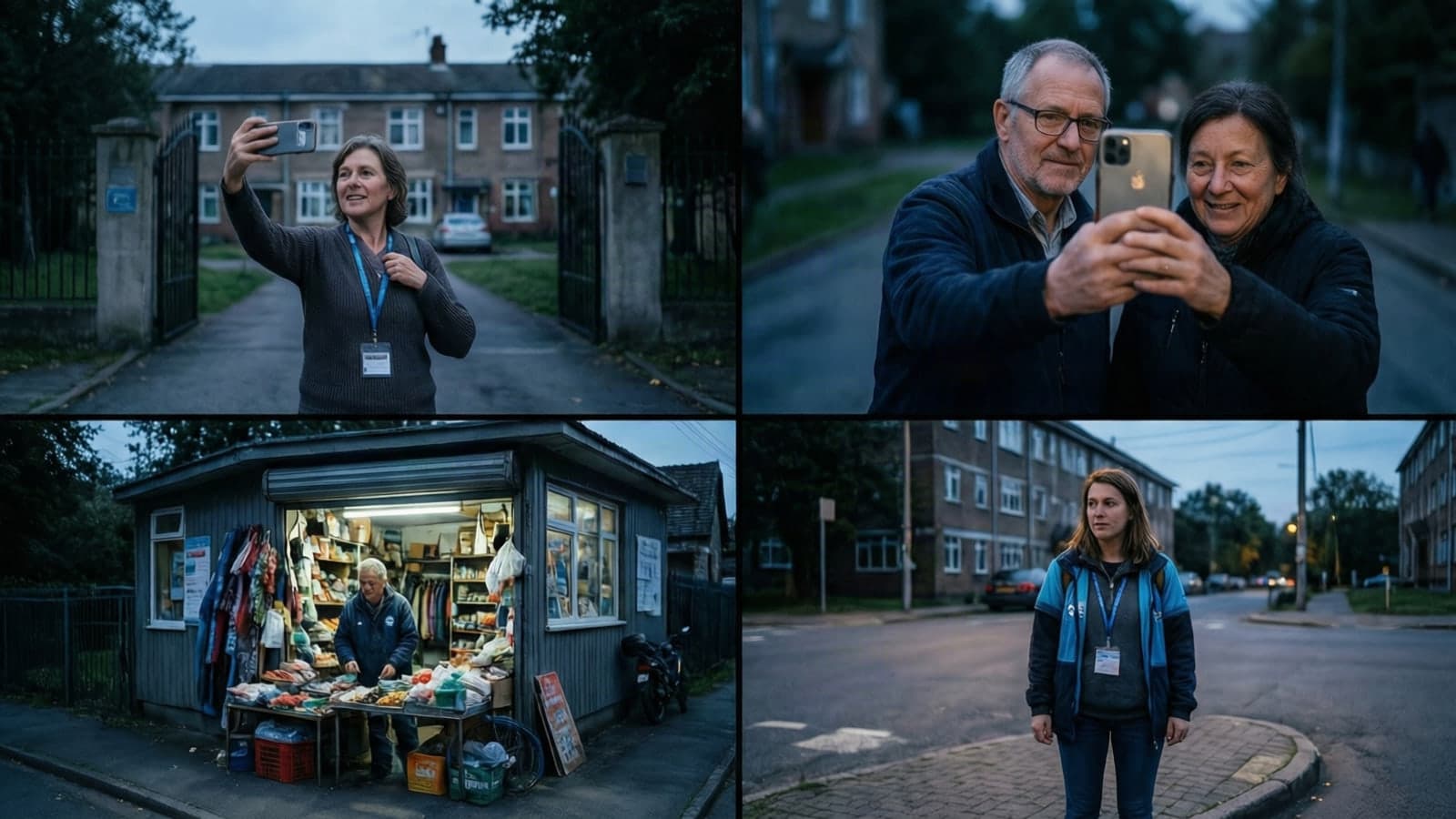 Community members in a neighbourhood at dusk recording short selfie videos on their phones: a teacher, a shop owner and a young volunteer